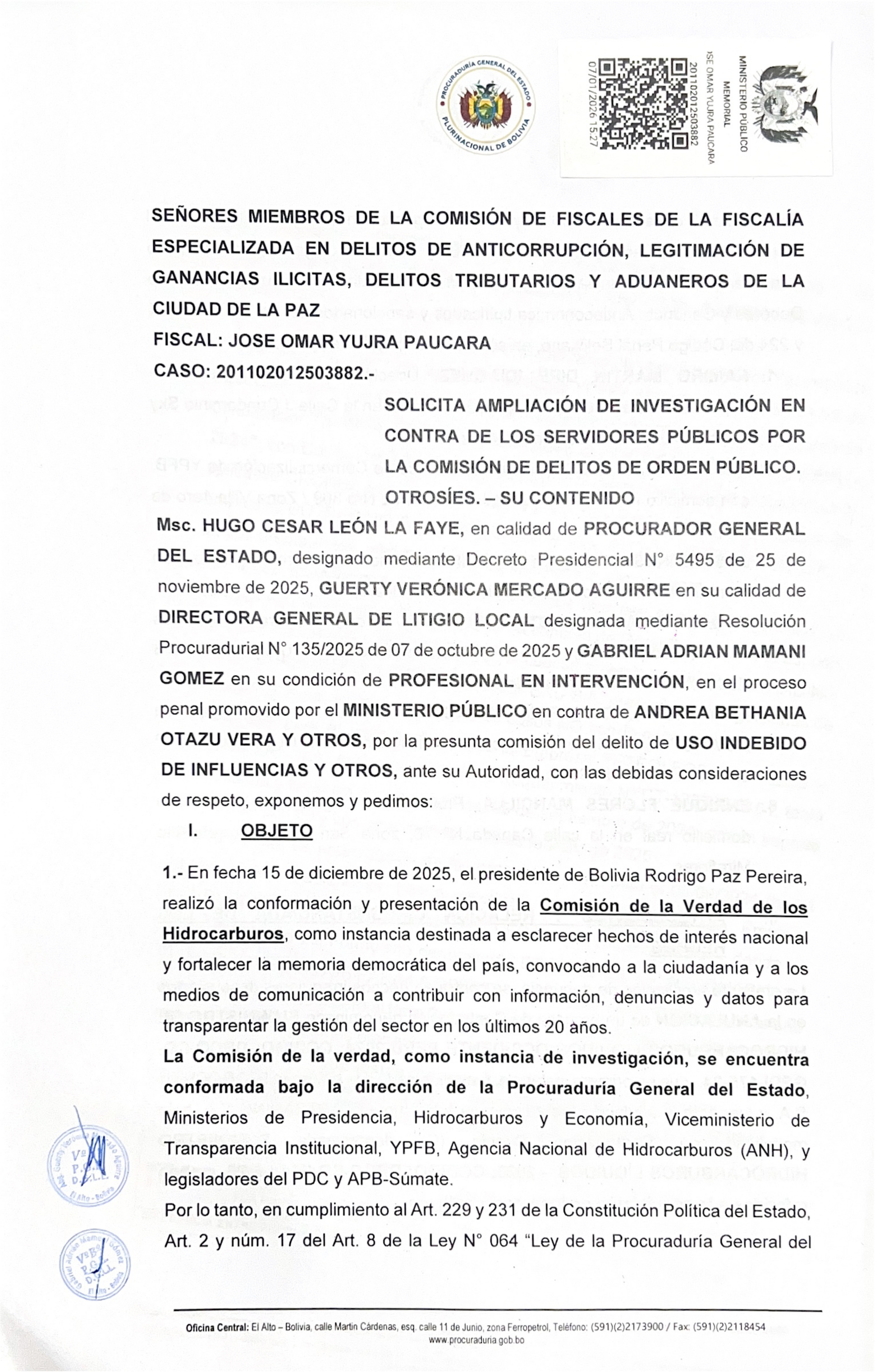 PROCURADURÍA GENERAL SOLICITA A LA FISCALÍA LA AMPLIACIÓN DE INVESTIGACIÓN CONTRA SERVIDORES PÚBLICOS POR DELITOS DE ORDEN PÚBLICO